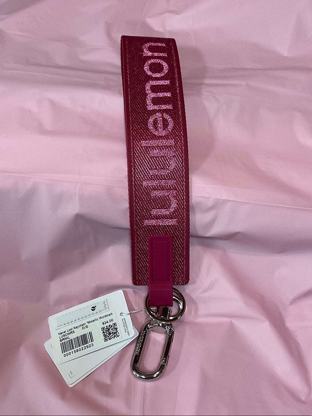 lululemon pink woven wrist key strap with silver clasp